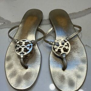 Tory Burch Miller Metallic Matte Gold Logo Thong Sandals